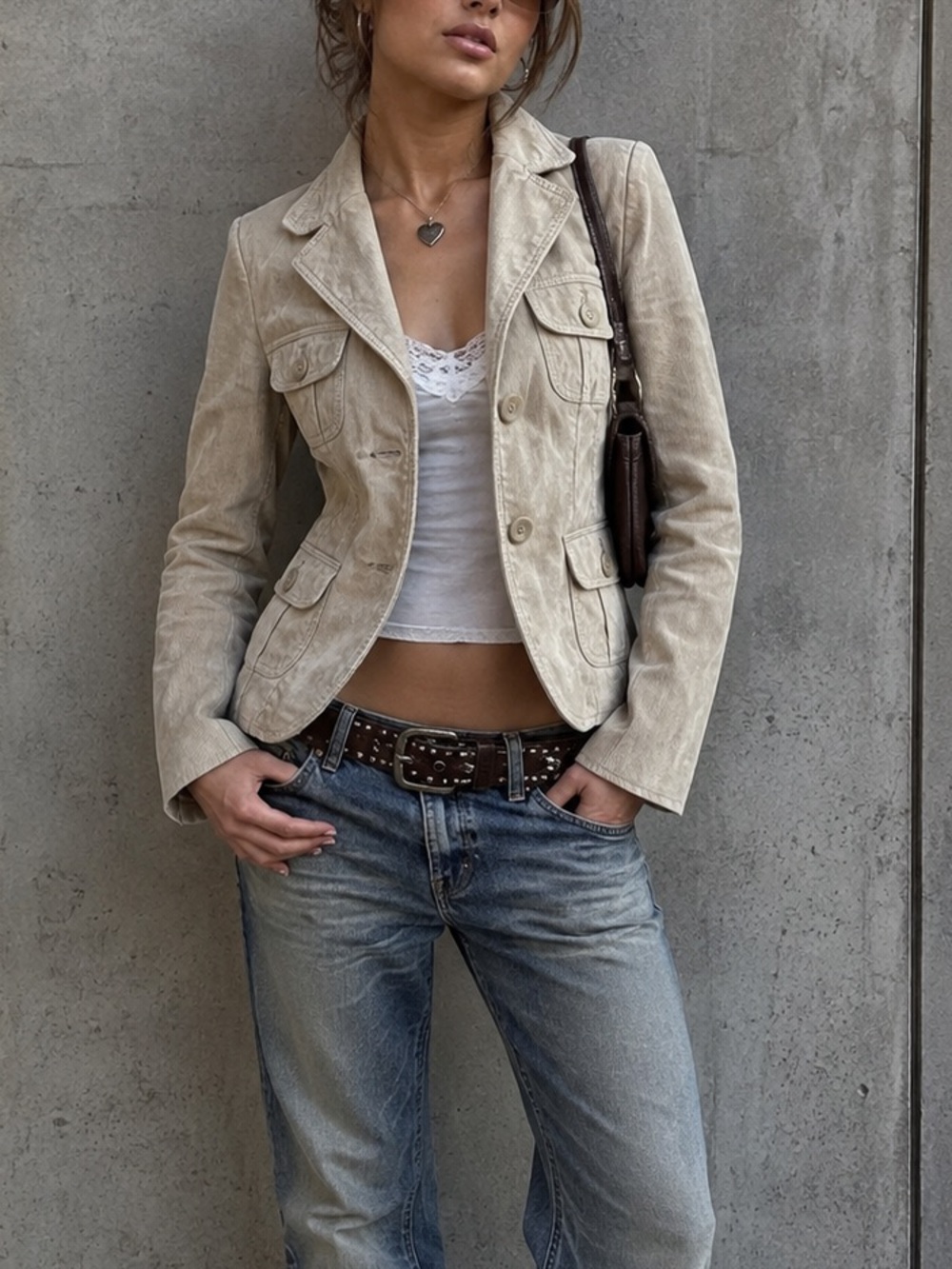 b.u.m Genuine Leather Vintage Blazer Jacket Khaki Y2K Utility Military Neutral